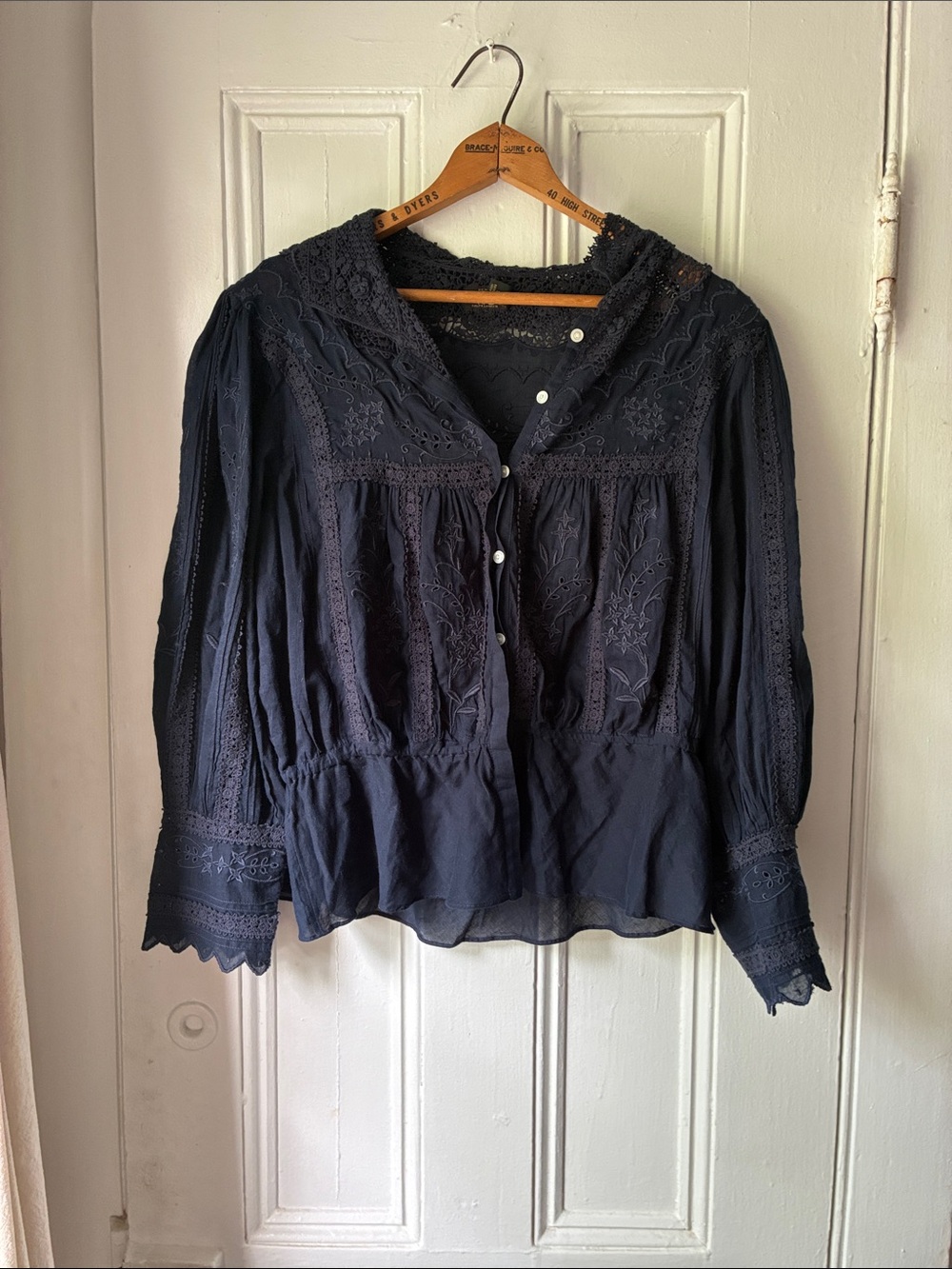 Ralph Lauren Double RL Blue Embroidered Cotton Voile & Lace Blouse size 4